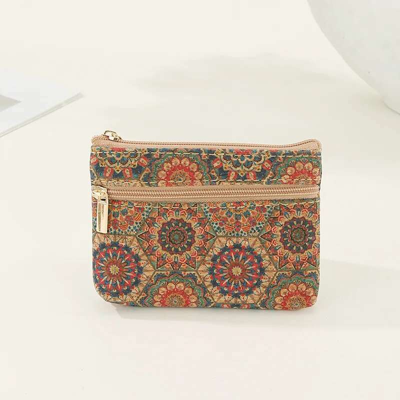 Vintage Fashion Cork Grain Printing Coin Purse Small Wallet Money Key Storage Wood Casual Nostalgic Double Zipper Clutch Bag