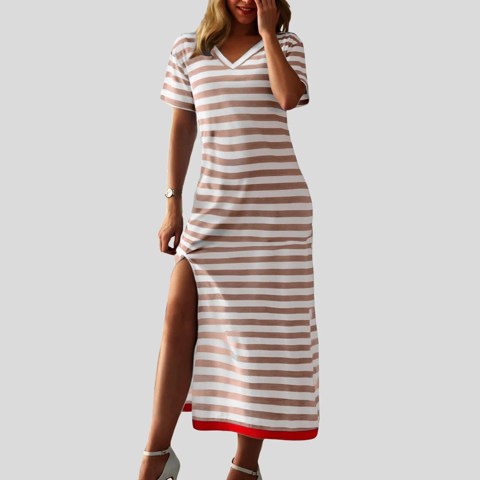 Dongdumaoyi Summer Women Dress Side Split V Neck Short Sleeves Mid Calf Midi Casual Color Matching Length Slim Fit Lady