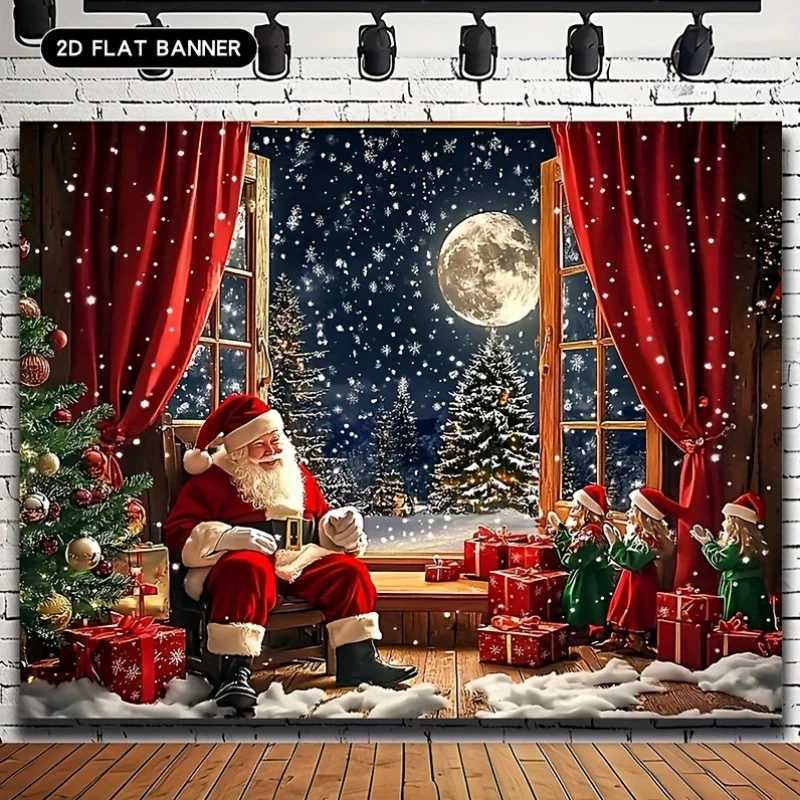 Santa Claus Christmas Tree Tapestry Moonlit Night with Red Curtains and GiftsFestive Wall Art for Holiday Home and Party DecorM251125
