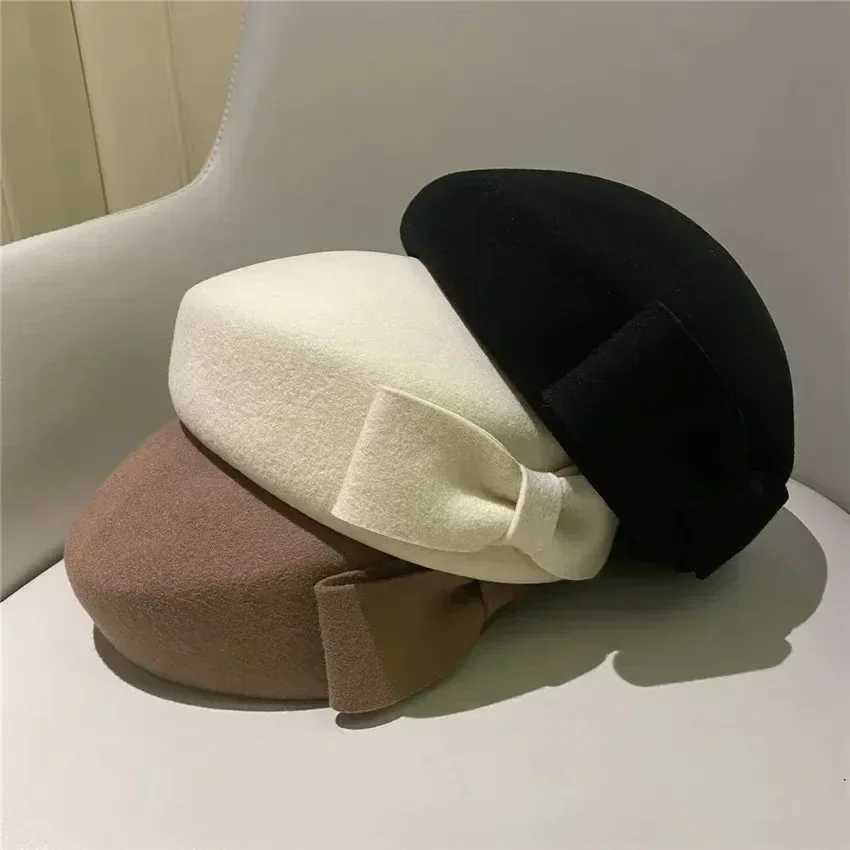 Womens Wool Beret Hat with Bow Winter Fascinator for Weddings Church J251125