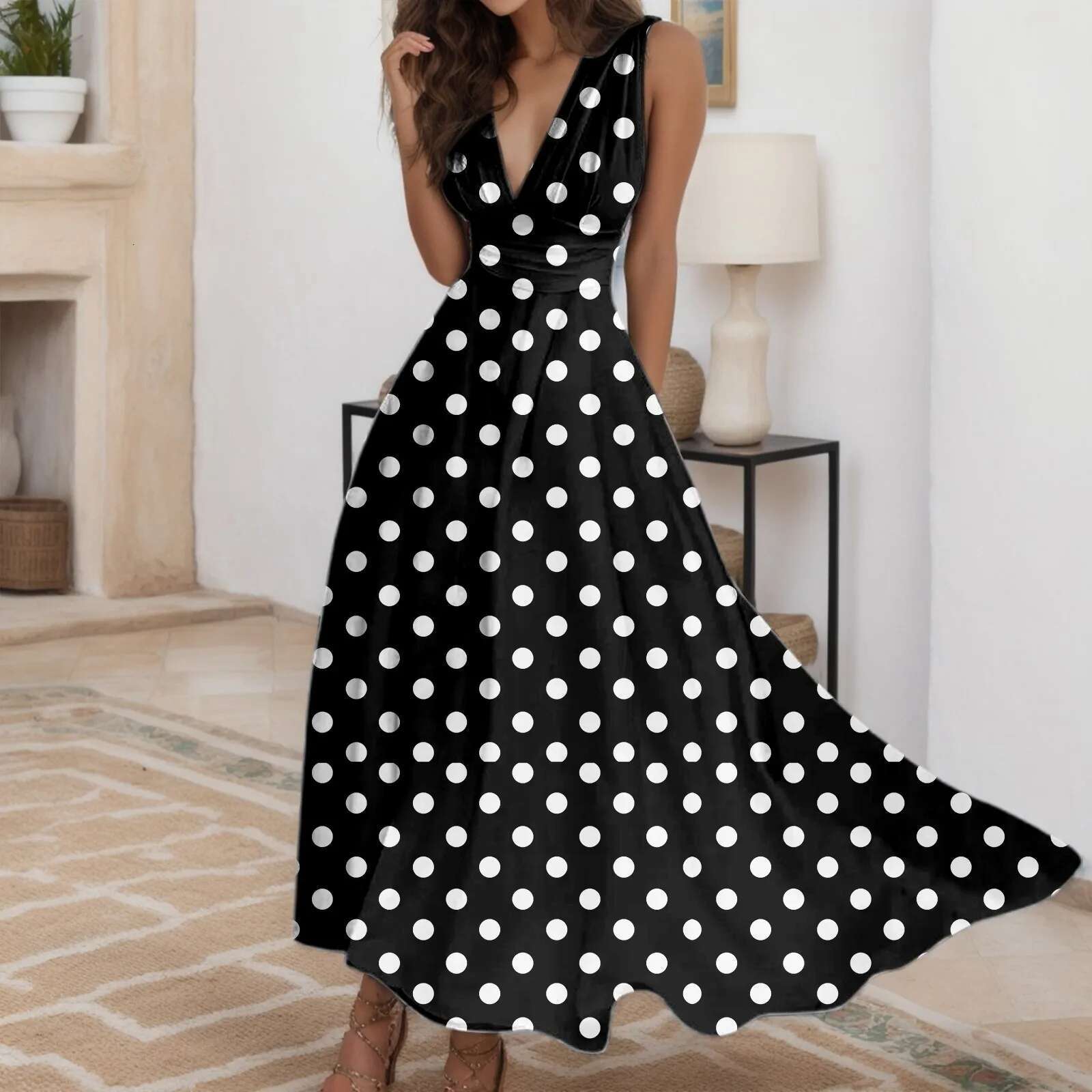Dongdumaoyi Casual Elegant Sleeveless Dress Summer Retro Dot Print Dresses V Neck Long Skirt Street Fashion Comfortable