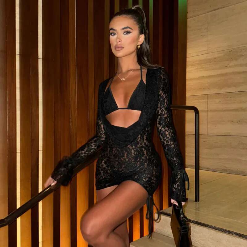 Dongdumaoyi Townlike Perspective Lace Slim Bodycon Dress Mini Autumn Winter Backless Deep V Neck Sexy Party Dresses With Bra