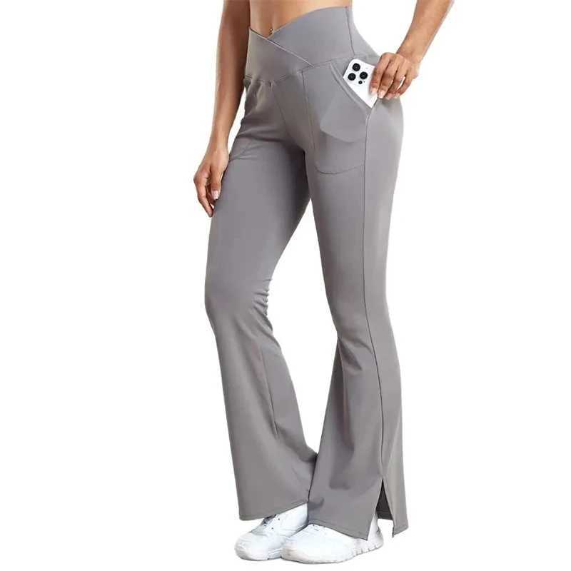 Womens yoga Flare Pants with pockets crossed waist sport waist hip lift workout tight fit split hem activity suitC250425