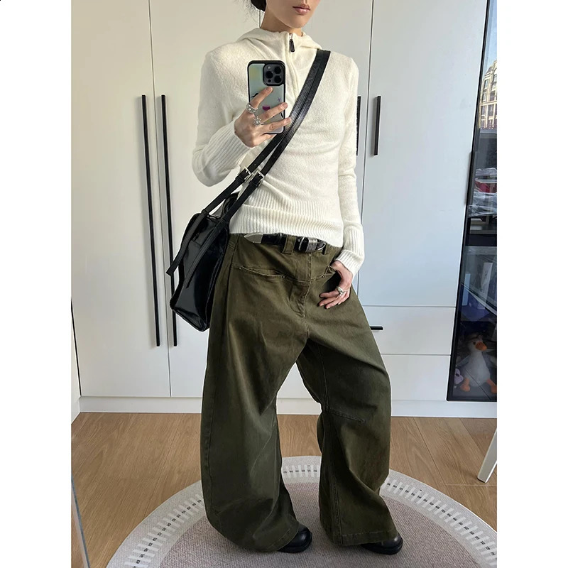 Spring 2025 Womens Jeans High Waist Bag Casual Retro Y2K Army Green Straight Pants American Wide Leg Cowboy Trouser 250417