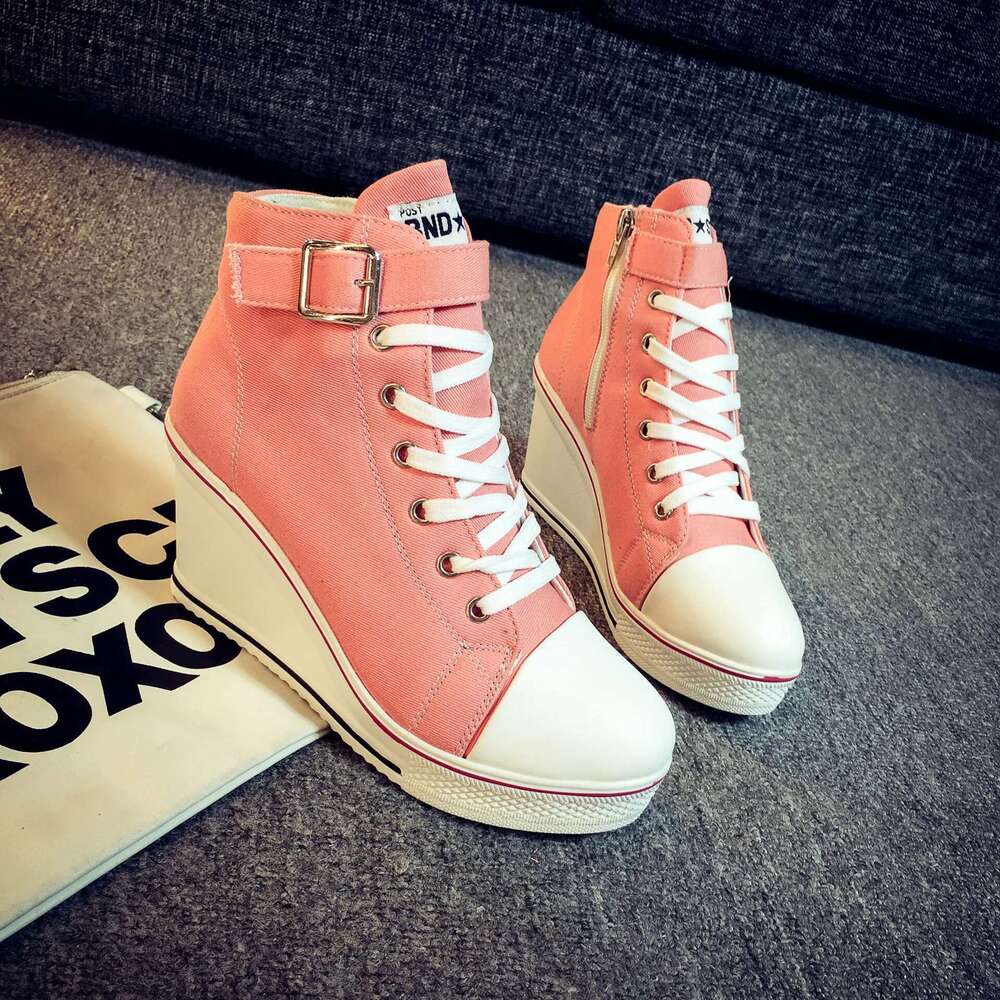 Spring and autumn new 8cm heightened thick wedge high-top canvas shoes muffin sole high-heel casual large-size women's shoe