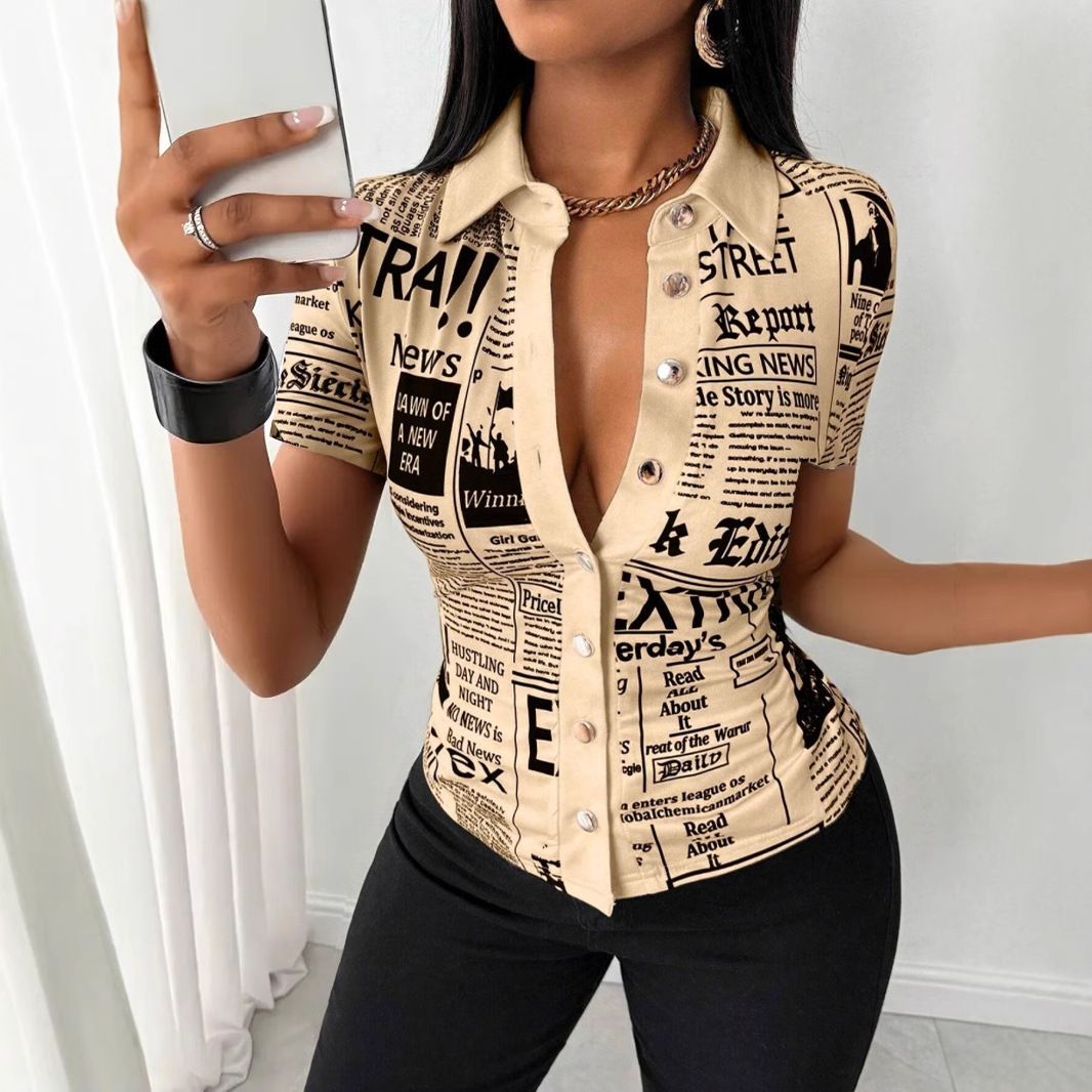 2025 Summer Fashion Newspaper Printed Single breasted V-neck Shirt for Women