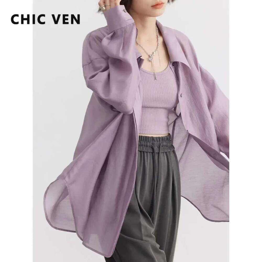 CHIC VEN Women Thin Shirt Long Sleeve Casual Loose Slightly Transparent Cool Blouses Woman Solid Design Female Top Summer 2024