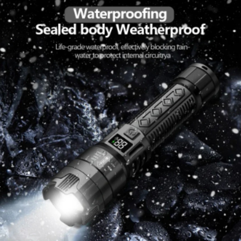 Super Bright 100000 Lumens ABS Plastic Tactical Flashlight LED Numerical Power Display 3000 Lumen Zoomable Waterproof Torch Emergency Light Flash Ligh