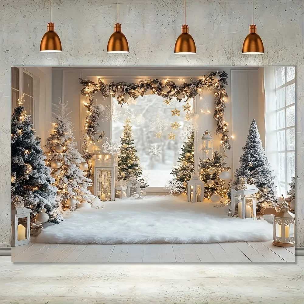 Snowy Christmas Window Tapestry Twinkling Lantern Arch Design Wall Art for Holiday Party and Festive Home DecorM251125