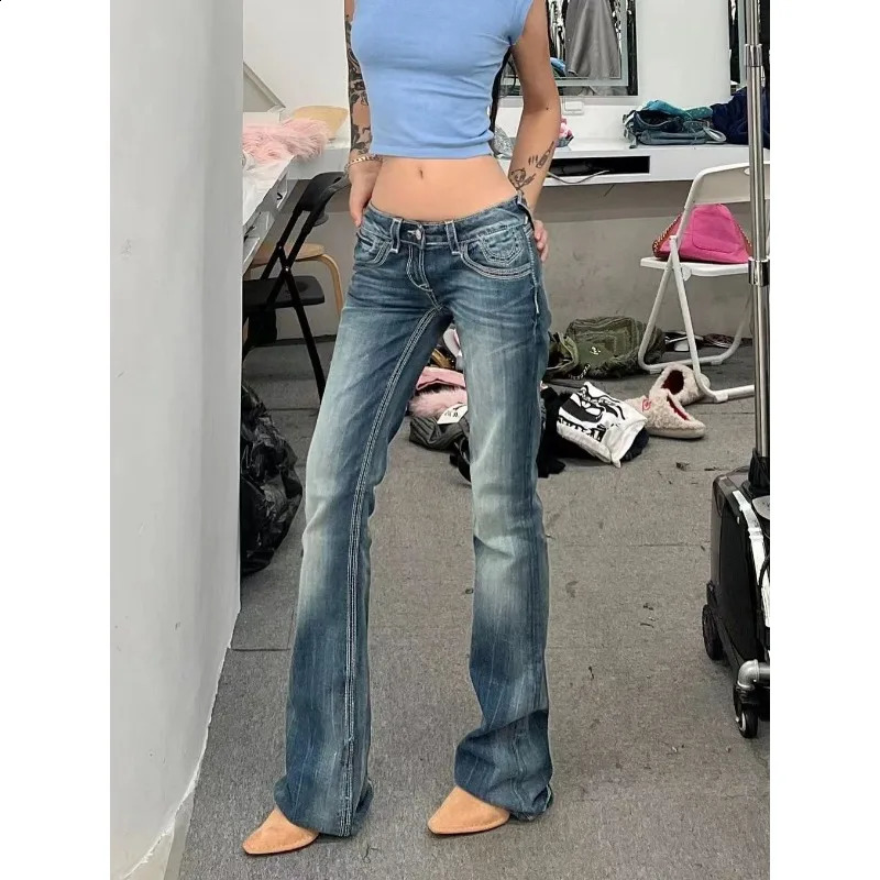 Womens Gyaru Japanese Harajuku Garbage Y2K Jeans Low Rise Shining Denim Pants 2000s Clock Bottom Pants Kpop Retro Ultra Thin Pants 250422