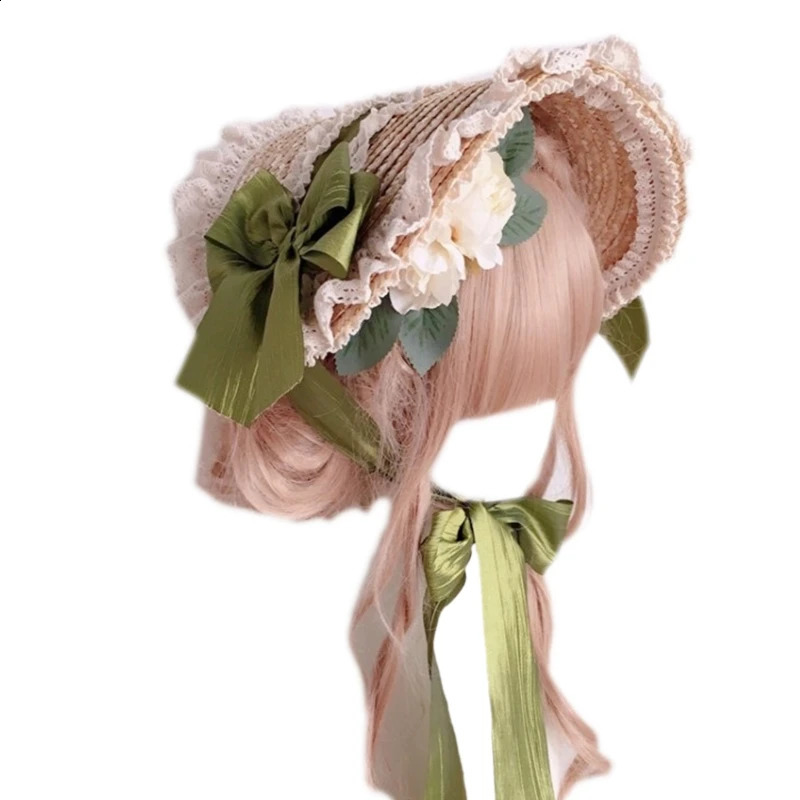 Pastoral Style Flat Top Hat Lace Flower Ribbon Straw Hat Lolita Hat Bonnet Hat French Hat All-match for Beach Vacation 250420