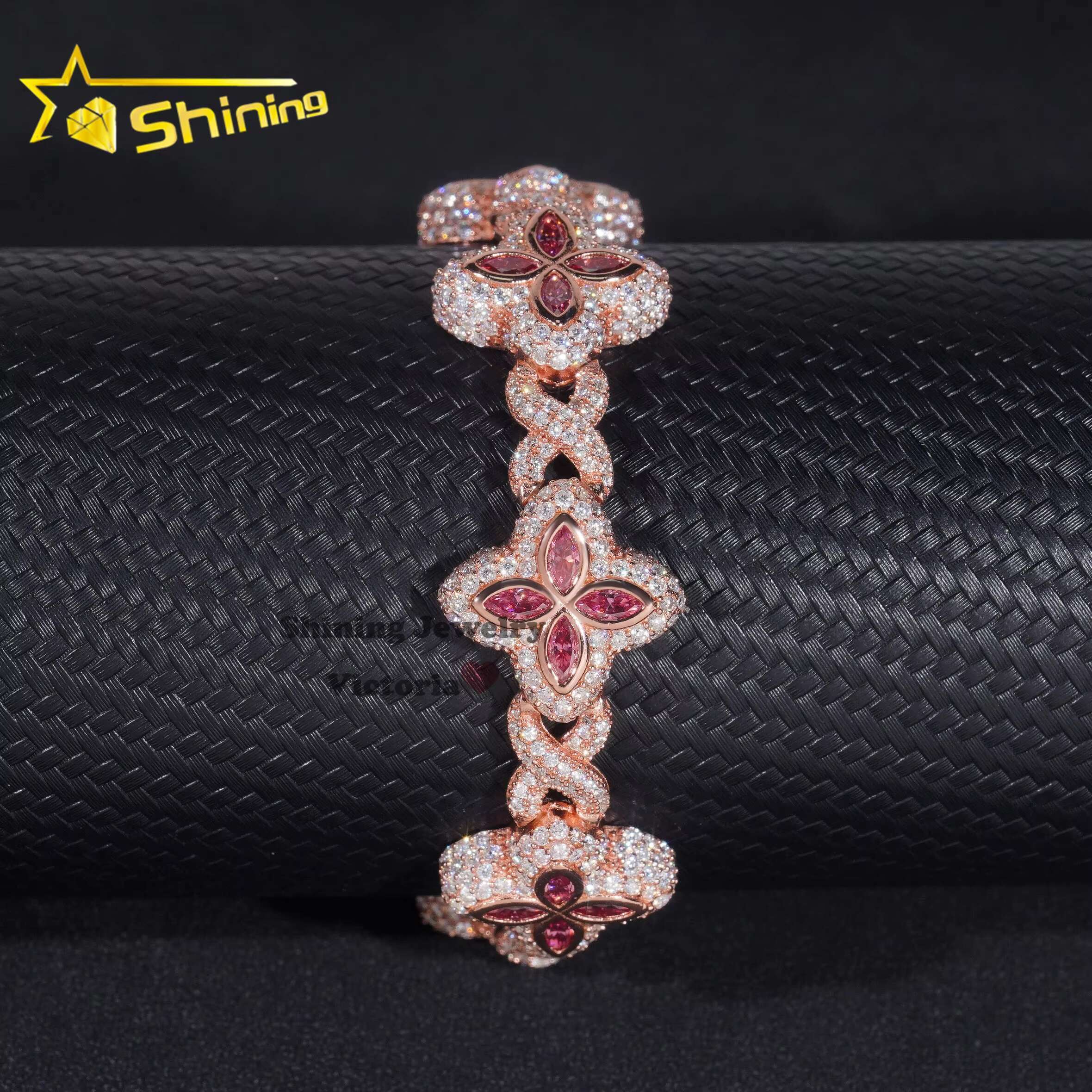 18MM Hip Hop Style Sterling Silver Iced Out Clover Infinity Link Bracelet Jewelry Pink Marquise Moissanite Clover Cuban Bracelet