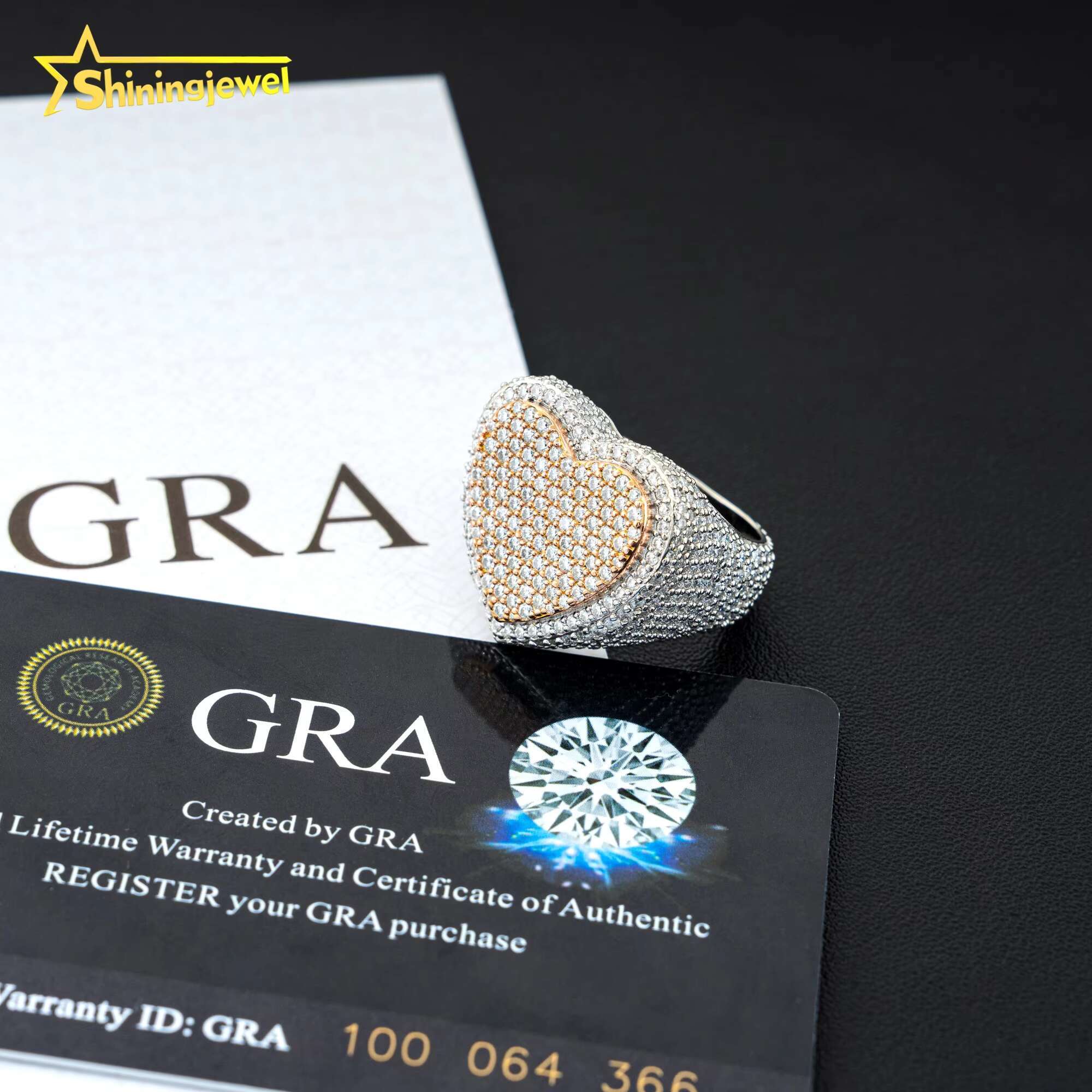 Fully Iced Out Heart Design 925 Silver Two Tone Men GRA Certificate Moissanite Hip Hop Ring