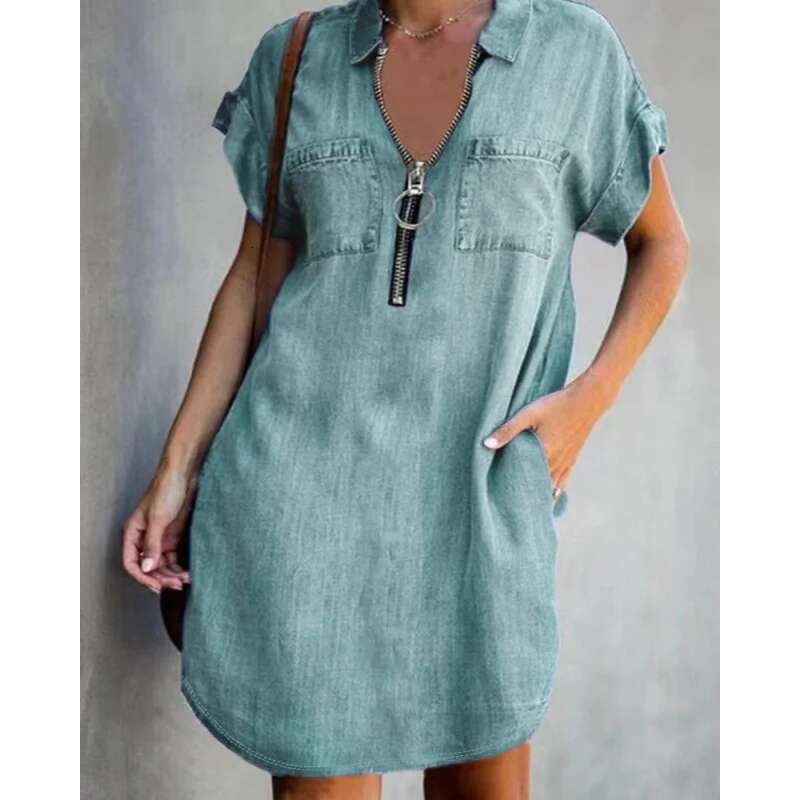 Dongdumaoyi New Loose Fit Denim Short Sleeve Turn Down Collar Fashion Shirt Dress For Women C