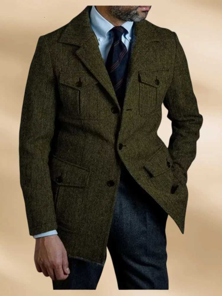Hunting Suit Jackets For Man Winter Vintage Herringbone Tweed Male Blazer Casual Men Sport Coat Work Wear Plus Size Slim Fit NewT251125