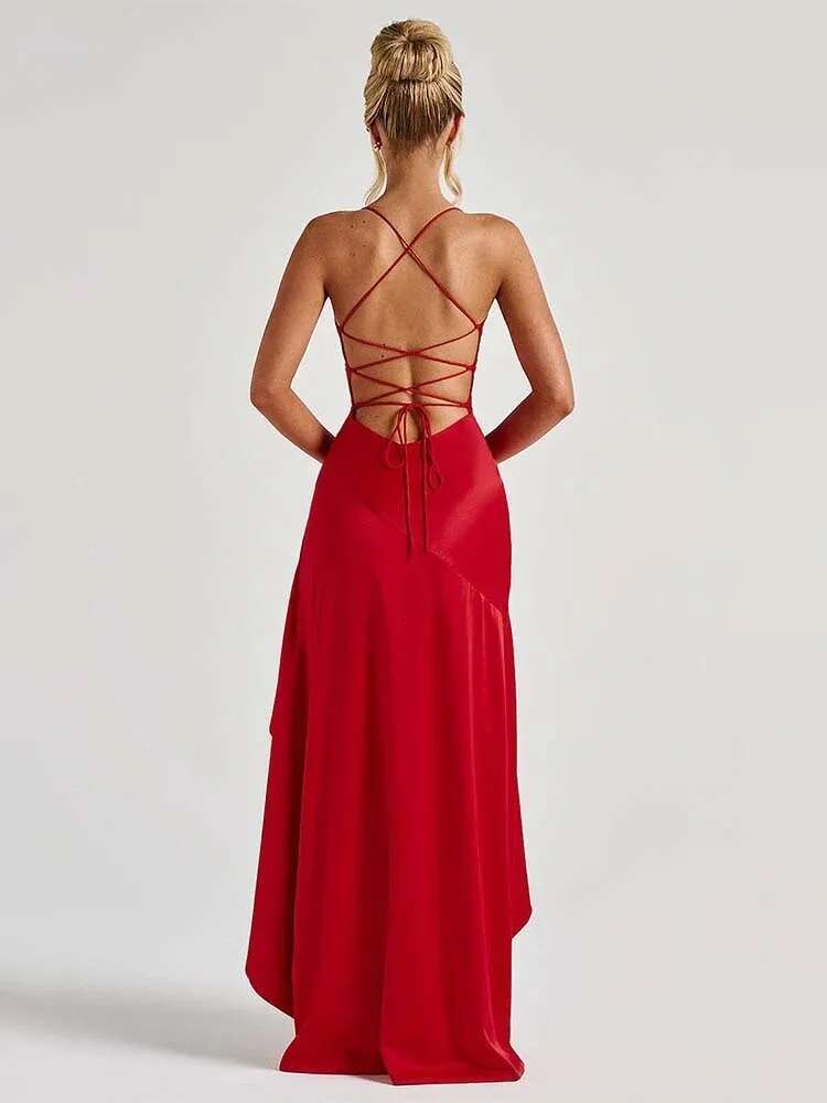 Dongdumaoyi Townlike Ruffles Asymmetric Maxi Long Dress Women Spaghetti Strap Spring Summer Backless Nightclub Sexy Party Dresses