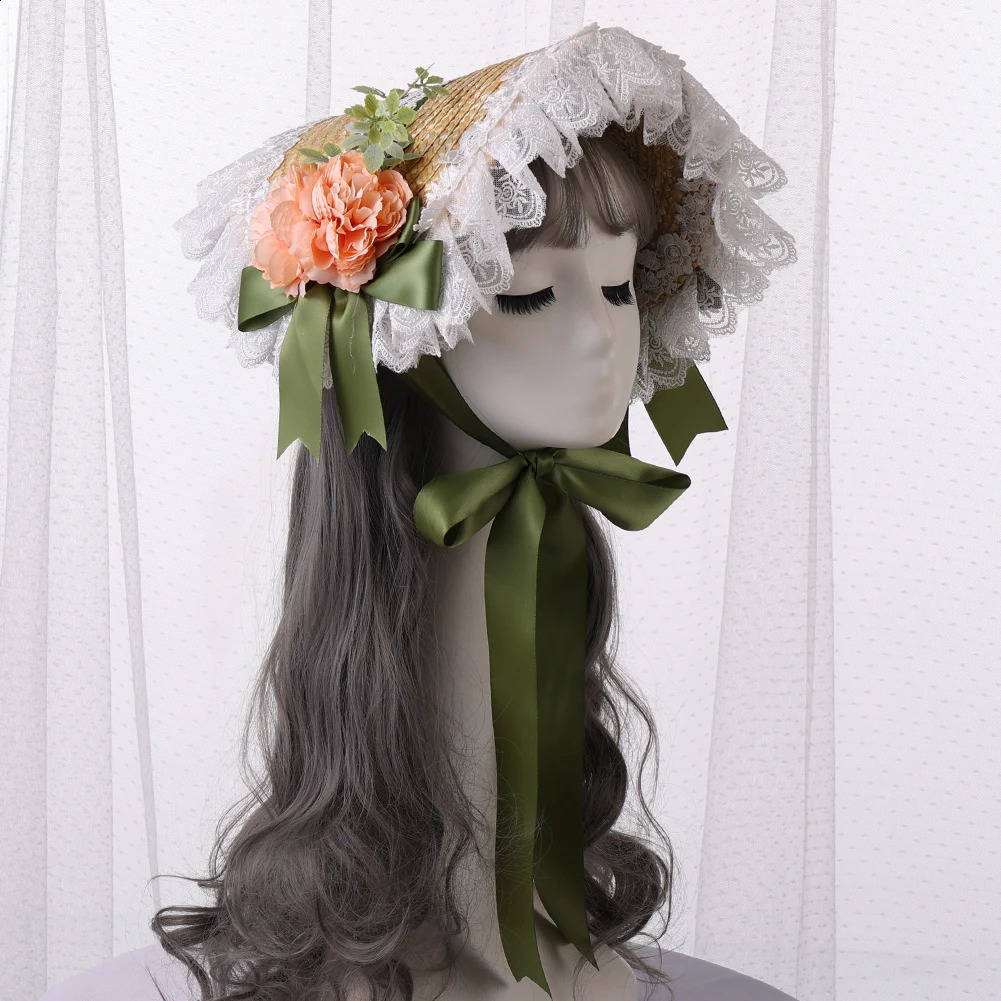 Victorian Bonnet Straw Hat for Women Cosplay Headpiece Flowers Lace Ribbon Flat Cap 250420