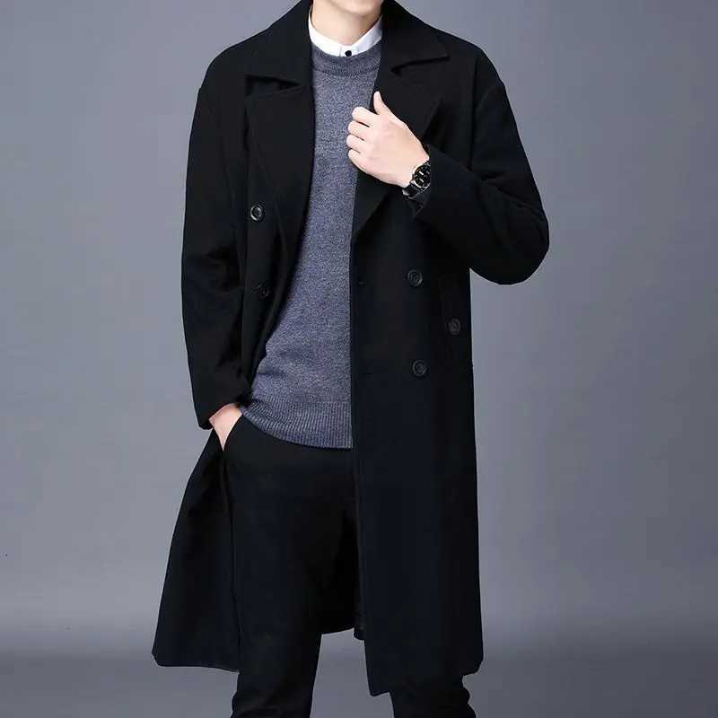 Mens Long Woolen Overcoat for Winter Korean Style Loose Fit Suit Collar Double Breasted Cotton Lined Warm and Stylish OuterwearT251125