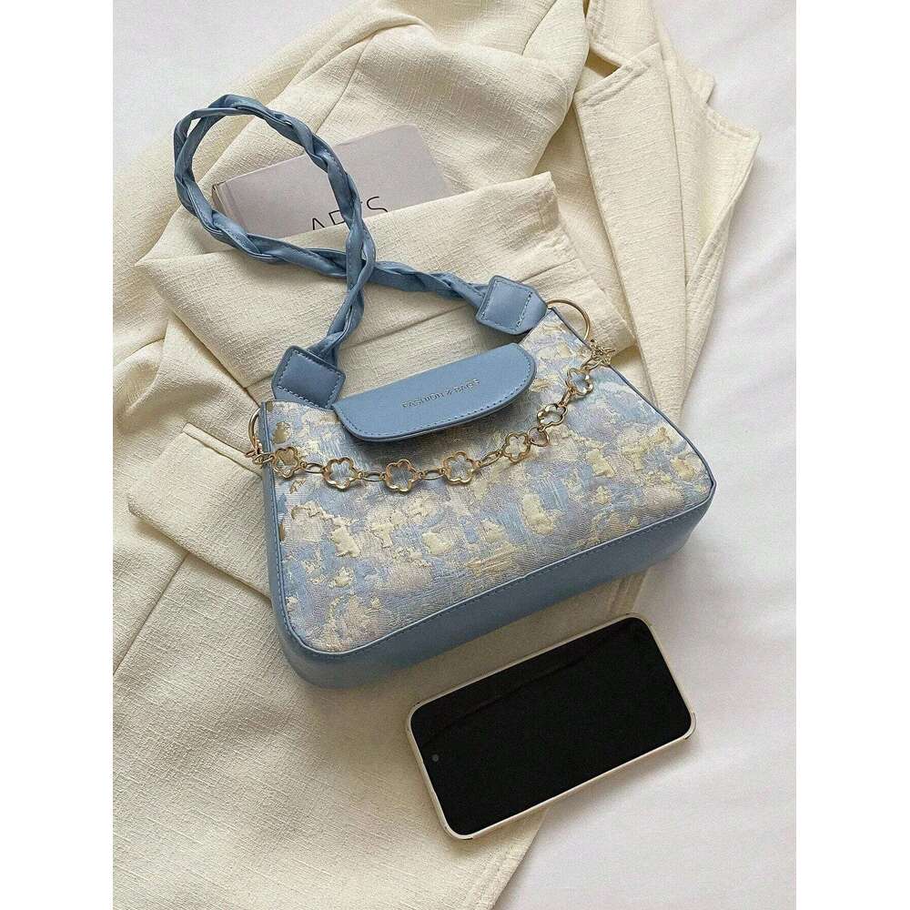 Vintage Decoration Women's Single Flower Pattern Shoulder Bag For Women, Chain Decor Underarm Purse