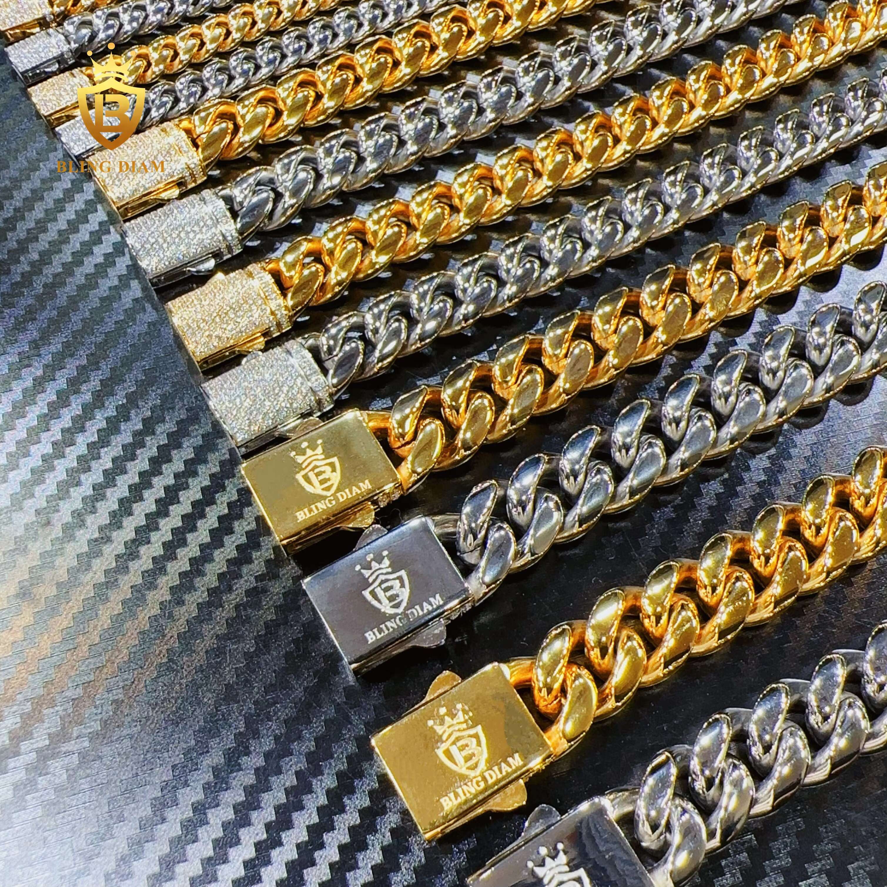 Blingdiam Jewelry Fashion 6mm 8mm 12mm 14mm Spring Buckle Hiphop Chain Stainless Steel Cuban Link Chain