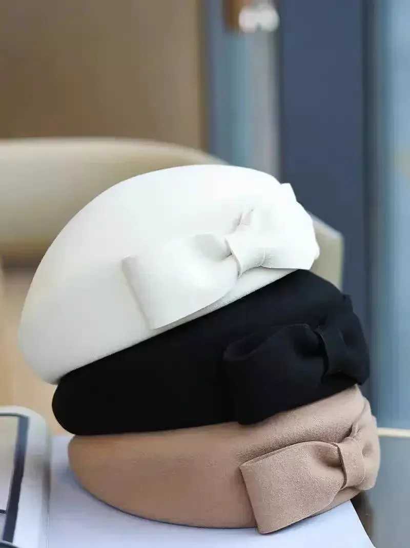 Womens Wool Beret Hat with Bow Winter Fascinator for Weddings Church J251125