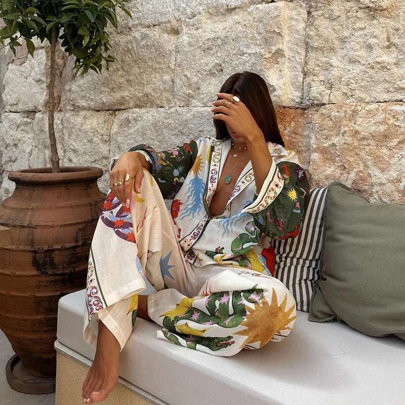 2 Piece Suit Women Set Spring Summer Loose Long Sleeve Printed Blouse Shirt+Wide Leg Elestic Waist Pants