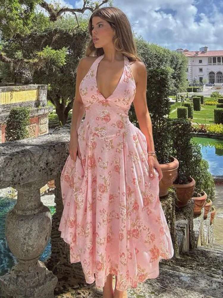 Dongdumaoyi Townlike Floral Print Waist Wrap A Line Dress Women Halter Summer Backless Sexy Party Elegant Midi Long Dresses