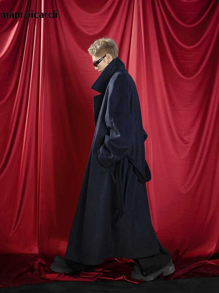 Mauroicardi Autumn Winter Oversized Extra Long Warm Navy Blue Wool Blends Coat Men Loose Luxury Designer Woolen Overcoat 2024T251125