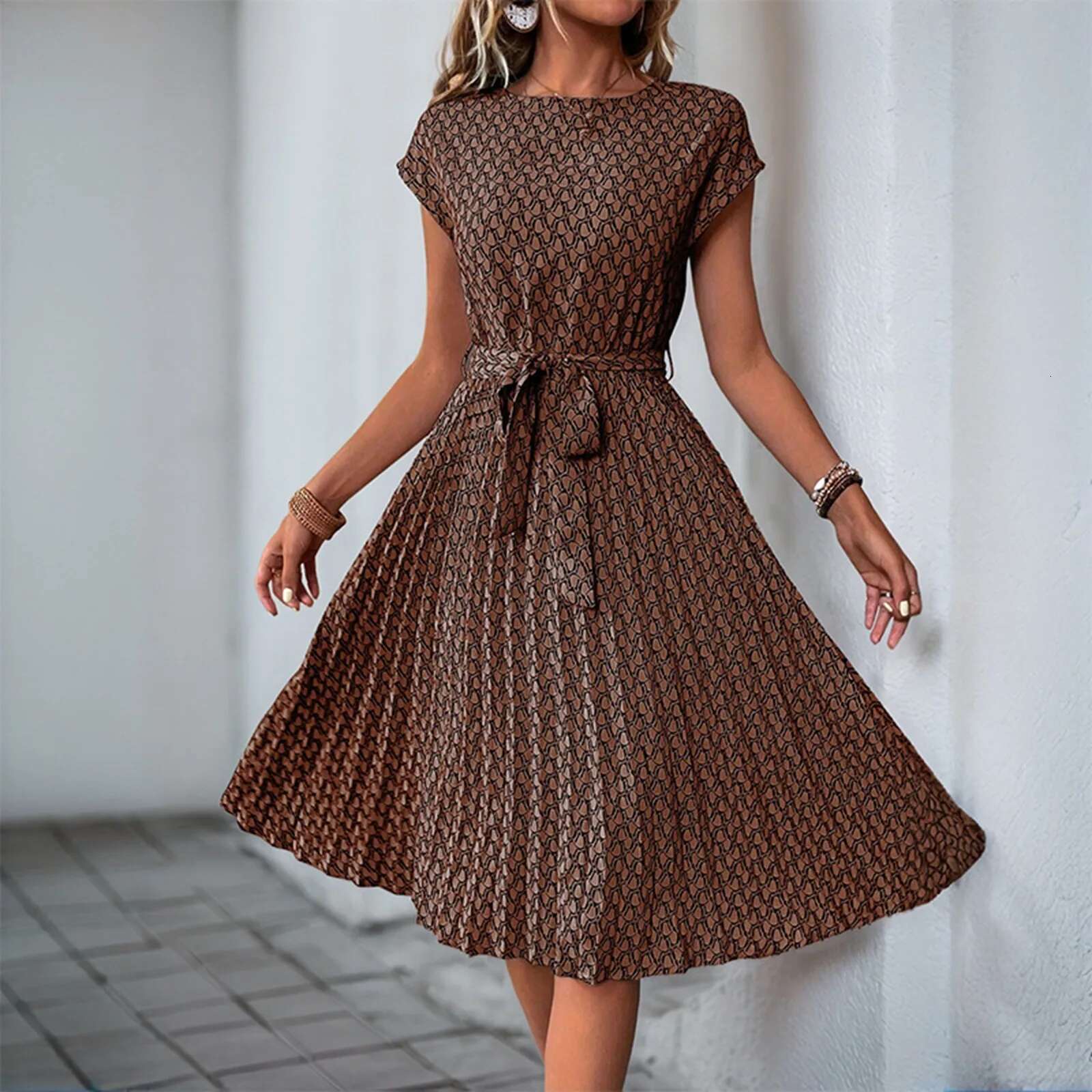 Dongdumaoyi Summer Bohemian Floral Women Dress Casual Wrap O Neck High Waist Ruffle Cap Sleeveless Slim A Line Pleated Hem Midi Dresses
