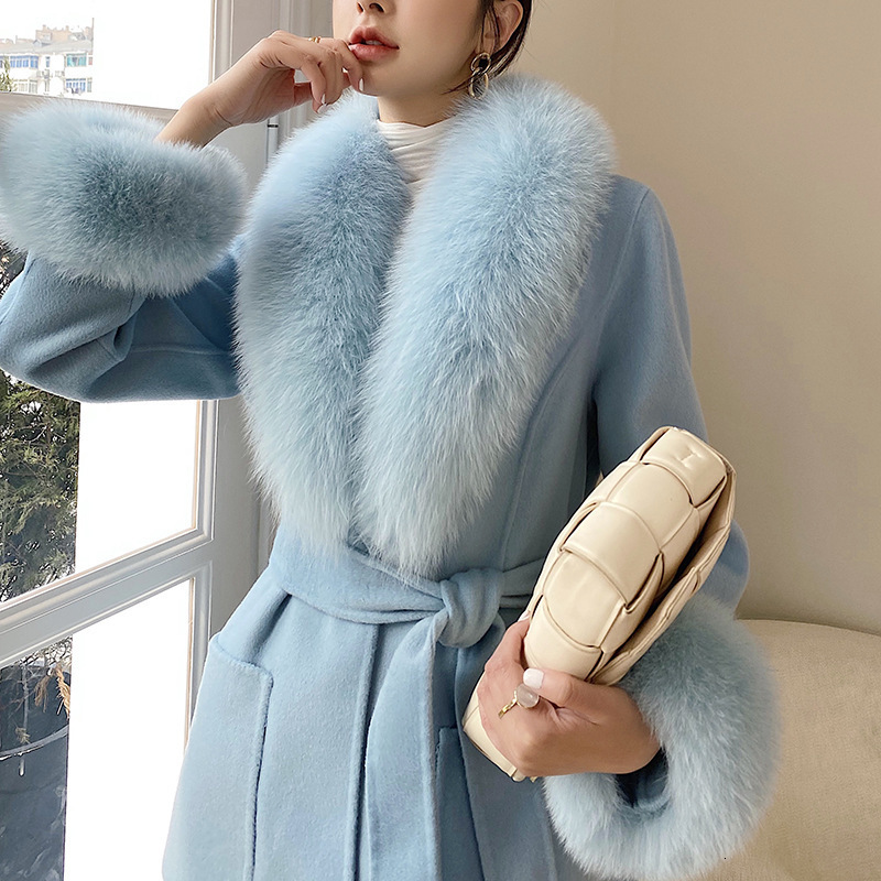 Fashion Women Woolen Coat Winter Slim Solid Pocket Double-Breasted Big Fur Collar Thick Warm Woolen Coat Female Outwear 240822