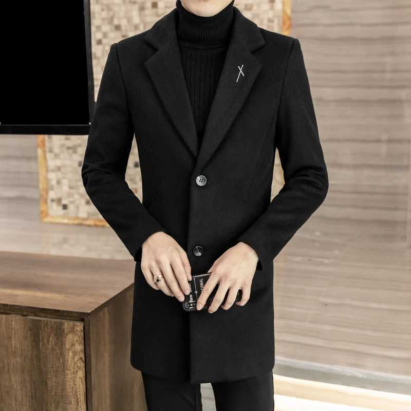 High-quality mens fashionable and stylish mid-length solid color woolen and cotton thick coat for autumn and winterT251125