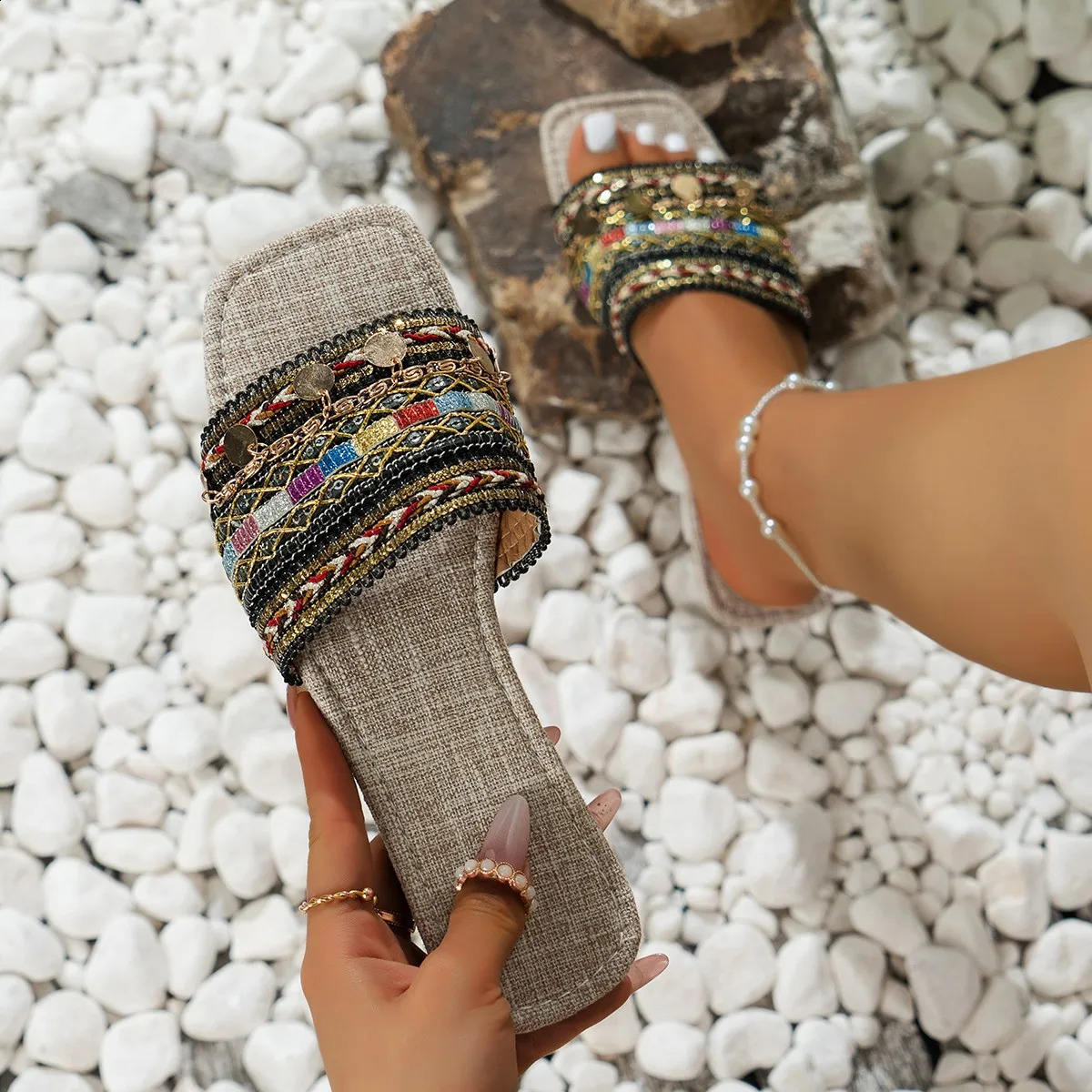 Shoes for Women Summer Basic Womens Slippers High Quality Boho Women Slippers Women Metal Decoration Flat Sandals Zapatos 250421