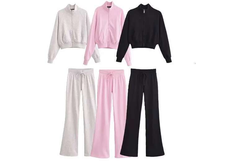 TRAF Women's Suit Spring 2025 New Multicolor Cotton Jacket Trousers Set Zipper Sweatshirt Flared Pants Casual Sports