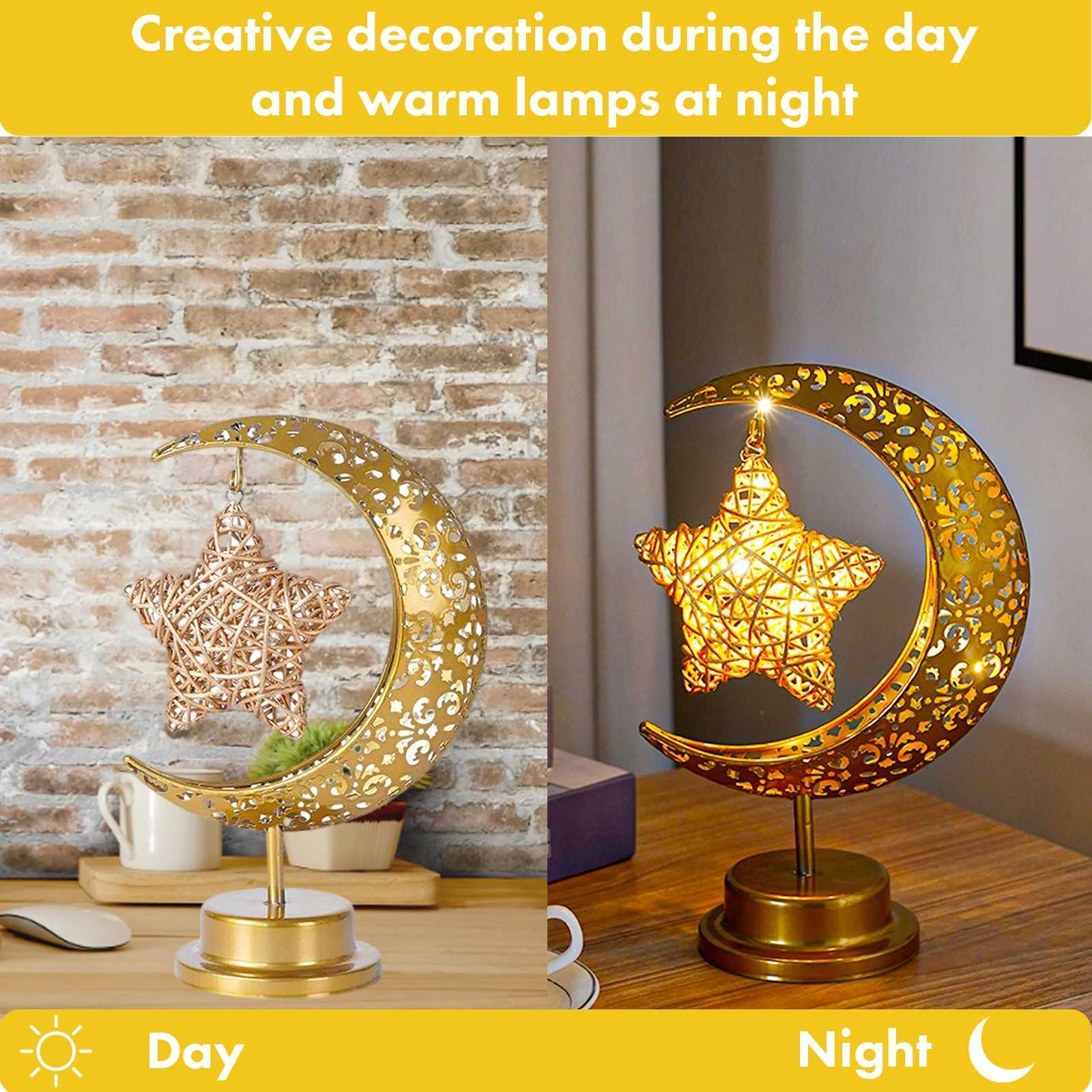 Moon Star Modeling Table Lamp Ramadan Hollow Moon Festival Atmosphere Lamp Battery Powered LED Night Lights for Home BedroomM251125