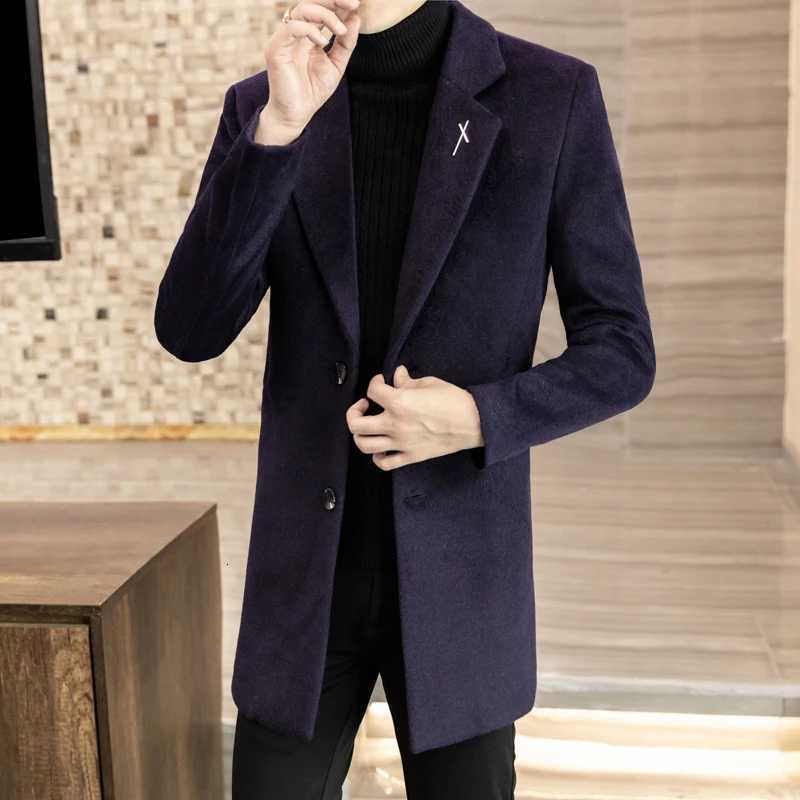 High-quality mens fashionable and stylish mid-length solid color woolen and cotton thick coat for autumn and winterT251125