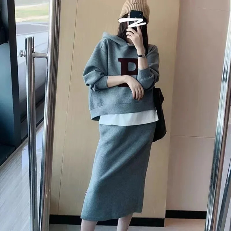 Plus Size Fall Plus Size Slimming Trendy Age Determining Set Dress Womens Hoodie Sweatshirt Half Skirt Two Piece Set 250422