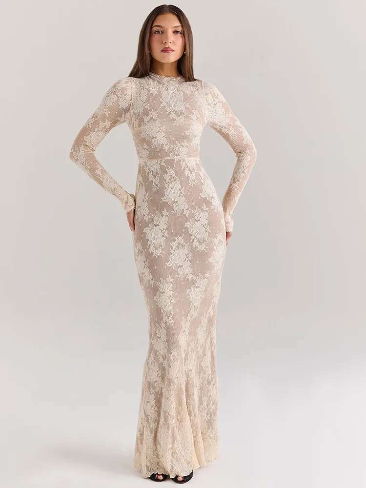 Dongdumaoyi Townlike Floral Lace Mermaid Midi Long Dress Women Autumn Winter Hollow Out Nightclub Sexy Party Dresses With Lining