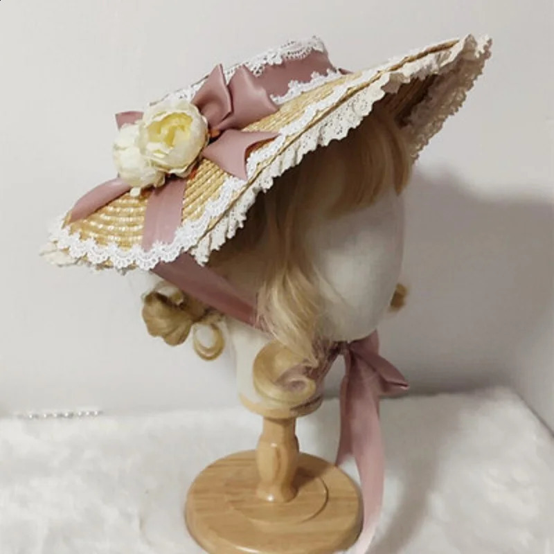 Vintage French Victorian Sweet Elegant Lolita straw Flat Top Hat Sweet Female Straw hat Rose Bow Bandge Sunhat 250420