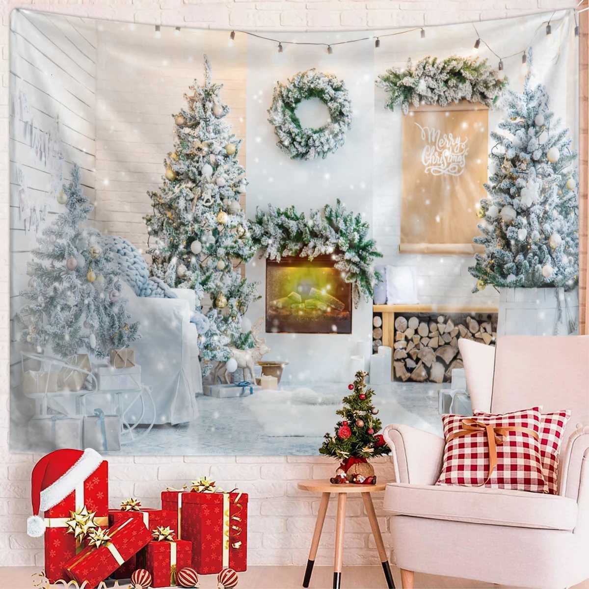 1pc Christmas tapestry Christmas tree fireplace snow background cloth Christmas party photography background wall clothM251125