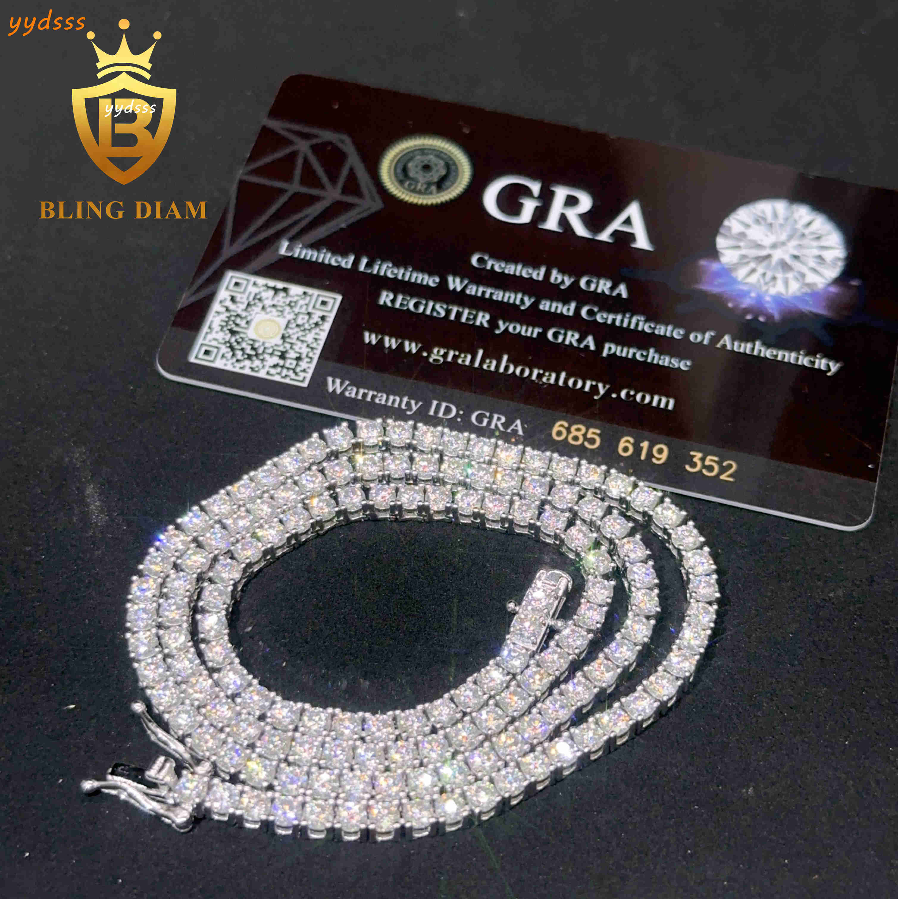 Bling Diamond Hip Pop Chain Necklace 4mm Round Brilliant Cut VVS1 Moissanite Diamond Luxury Tennis Chain