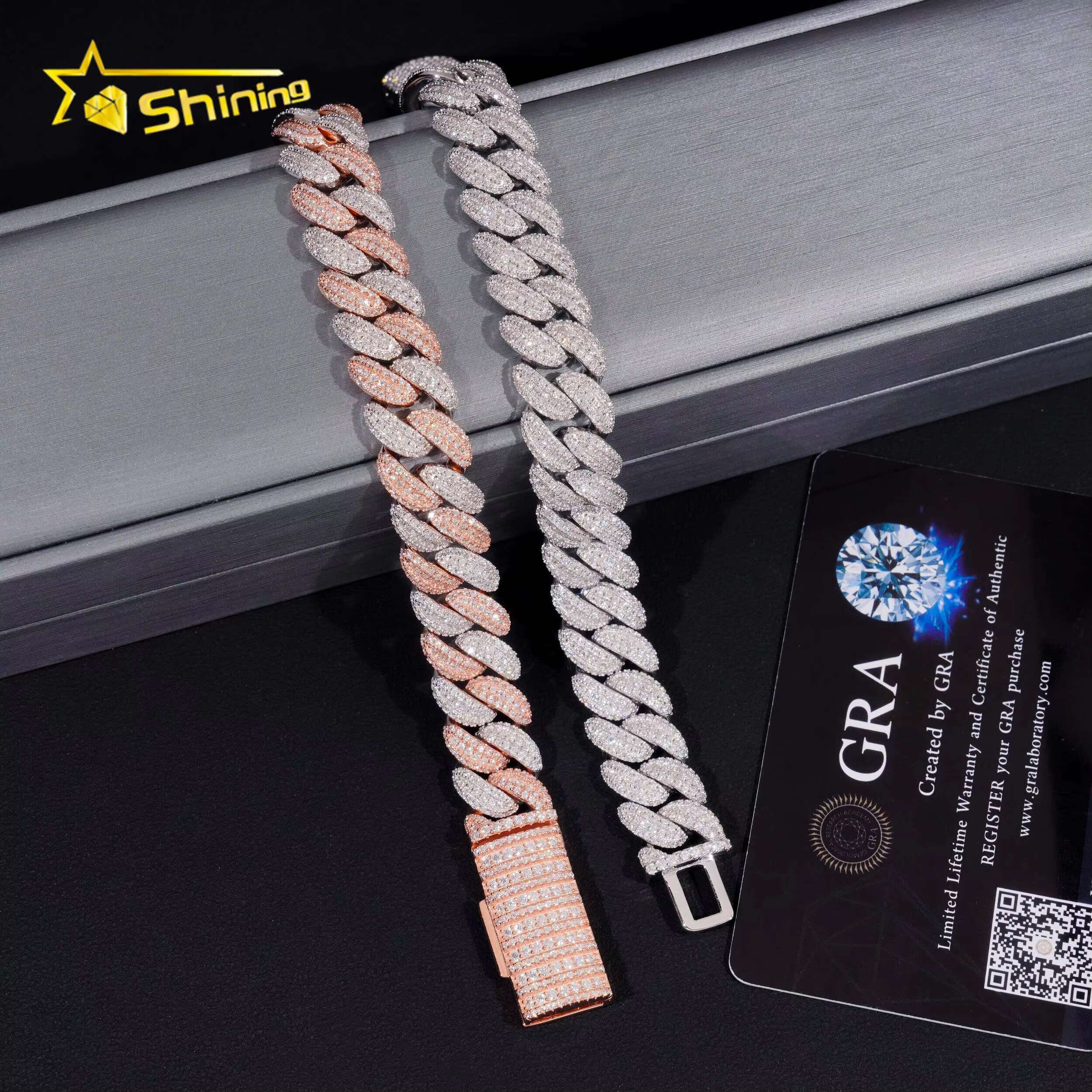 Hip Hop High Quality Iced Out Moon Shape 925 Silver Two Tone 13mm Moissanite Cuban Link Bracelet