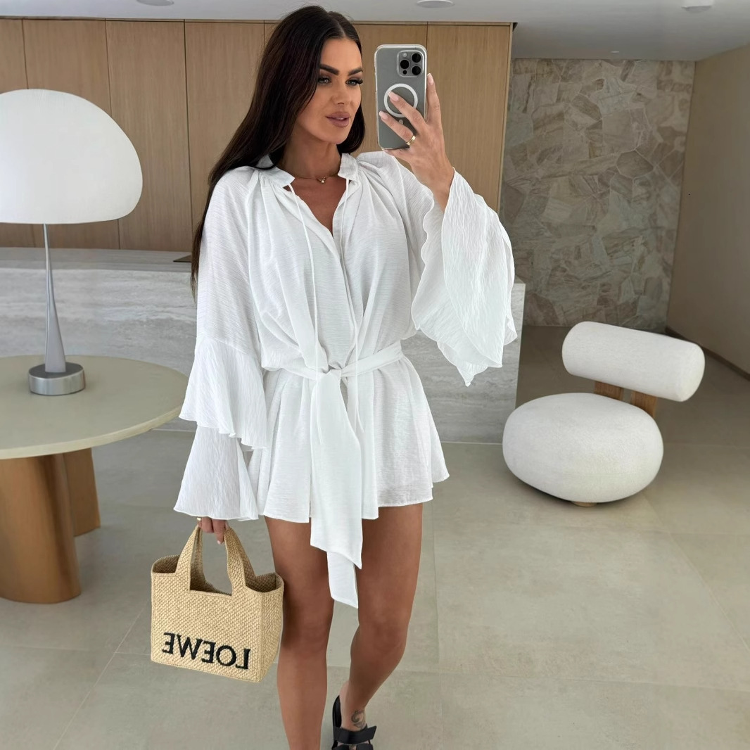 2025 new autumn solid color V-neck irregular lace up long sleeved loose dress for women