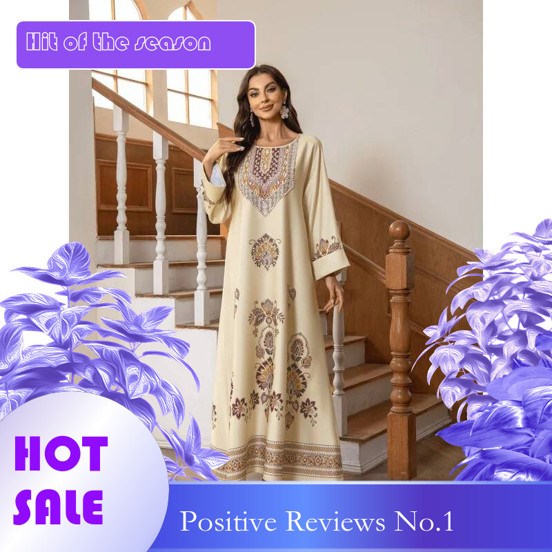 Dongdumaoyi Middle East Muslim Round Neck Printed Rhinestones Beaded Loose A Line Long Robe Dress W