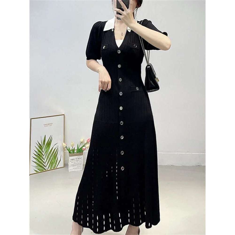 V-Neck Knit Contrast Long Women Hollow Out Lapel Fashion High Waist Elegant Party Knitwear Ladies Maxi Dress