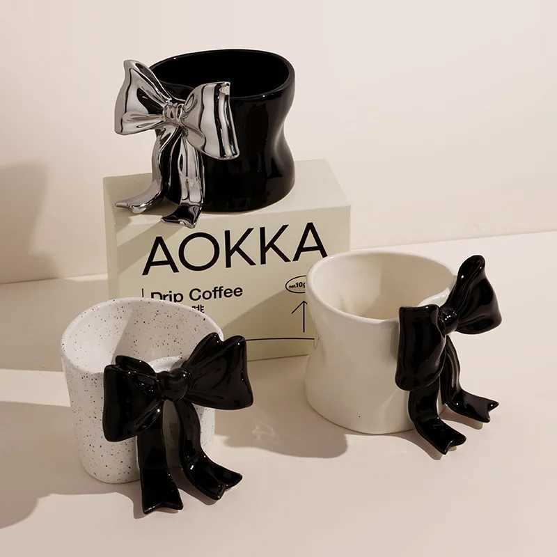 High Aesthetic 3D Bow Ceramic MugOffice Girls Kawaii CupHome Breakfast Milk Coffee MugsCouple Christmas Birthday Gift Teacup Y251125