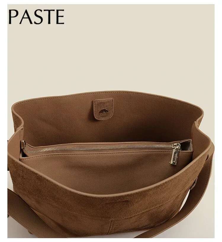 New Winter Matte Suede Cow Leather Women Tote Coffee Retro High-End Warm Color Female Shoulder Bag Huge Commute Travel Handbag