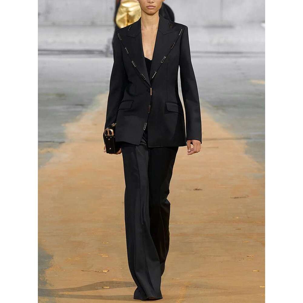 HIGH STREET Newest 2024 Designer Runway Suit Women's Single Button Metal Block Blazer Flare Pants Set