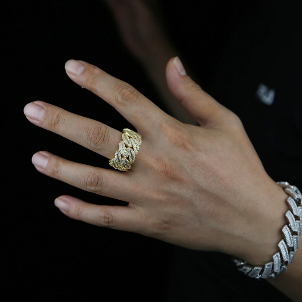 Wholesale Miami Cuban Link Chain Mens Ring Gold Plated Bling Iced Out Full Cubic Zircon Hip Hop Fashion CZ Rock Jewelry 250425