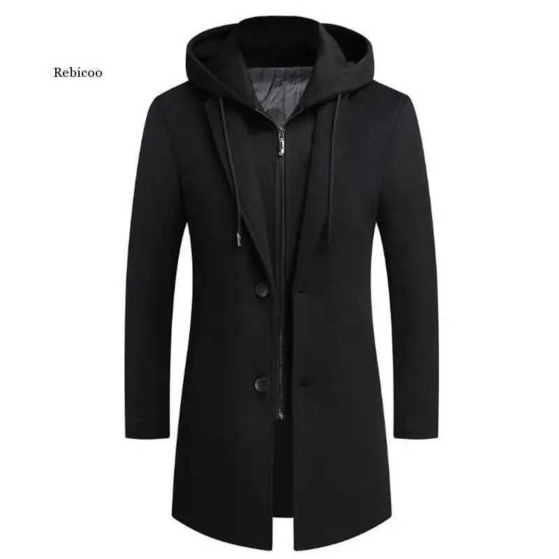 Autumn Winter Mens Hooded Wool Jacket Autumn Mens Long Windproof Wool Coat Casual Thick Slim Jacket MaleT251125