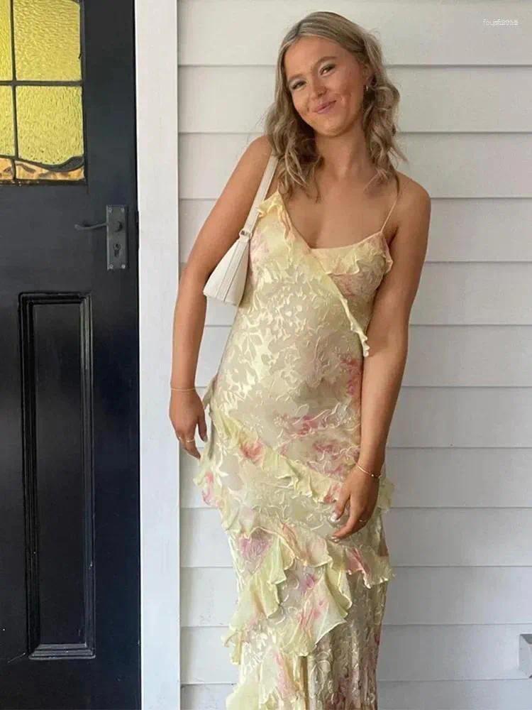 Ruffles Printed Spaghetti Strap Long Dress Women Colorful Sexy V-Neck Backless Slim Beach Vacation Dresses Holiday Vestidos